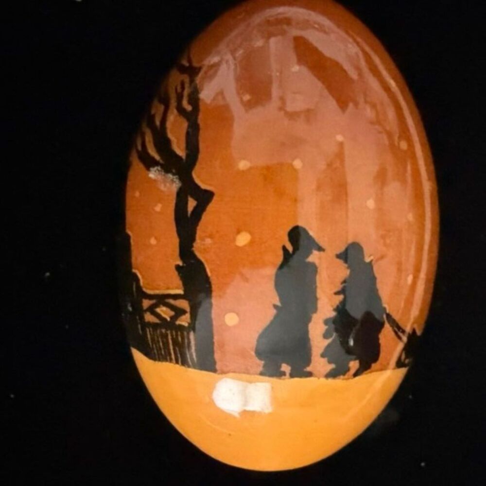vtg hand painted wooden decorative egg with silhouette scenes